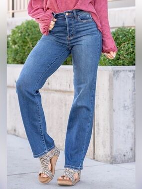 Judy Blue Johnny High Rise Hidden Button Fly Dad Jeans Medium Wash Blue 29